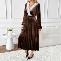 Fashion Lace Spliced V-neck Long Sleeve High-rise Velvet Dress