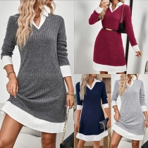 Fashion Contrast Color Stand Collar V-neck Long Sleeve Ribbed Mock Two-piece Dress