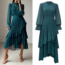 Fashion Crew Neck Long Sleeve Front Cutout High-rise Ruffle Irregular Hemline Pleated Dress