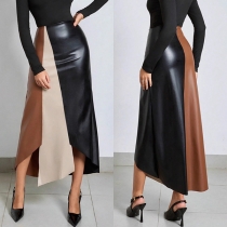 Fashion Contrast Color High-rise Irregular Hemline Artificial Leather PU Skirt