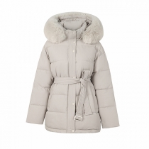 Fashion Solid Color Front Button Long Sleeve Self-tie Plush Spliced Hooded Quilted Coat