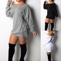 Sexy Off-the-shoulder Long Sleeve Side Drawstring Bodycon Mini Dress