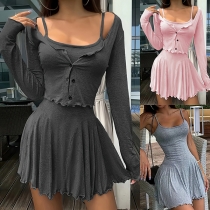 Fashion Solid Color Two-piece Set Consist of Crop Cardigan and Cami Ruffle Dress