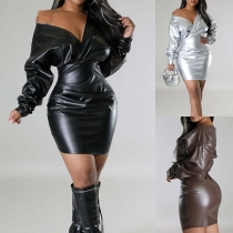 Fashion V-neck Long Sleeve Bodycon Artificial Leather PU Dress