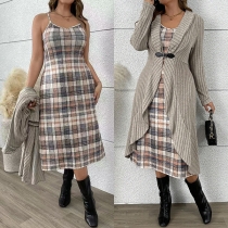 Fashion Two-piece Set Consist of Lapel Cardigan and Plaid Cami Dress