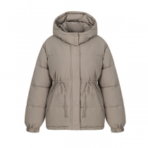 Fashion Front Button Long Sleeve Drawstring Waist Hooded Quilted Coat