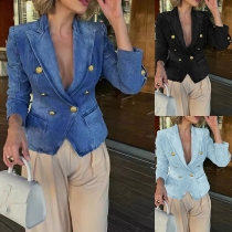 Vintage Notch Lapel Long Sleeve Double-breasted Old-washed Denim Jacket