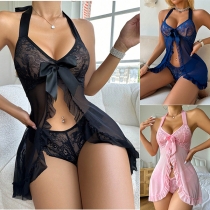 Sexy Front Bowknot Ruffle Hemline Halterneck Two-piece Nightwear Set