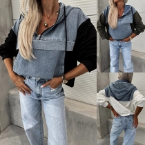 Street Fashion Half-zipper Drawstring Hooded Long Sleeve Denim Spliced Sweatshirt