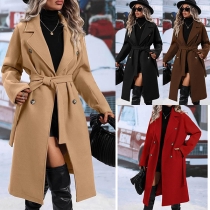 Fashion Notch Lapel Long Sleeve Double-breasted Self-tie Jacket