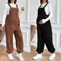 Fashion Front Patch Pockets Loose Adjustable Waist Corduroy Maternity Suspender Jumpsuit