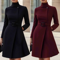 Fashion Stand Collar Long Sleeve Side Slit Dress with Belt