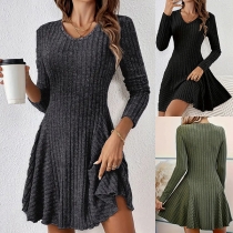 Fashion Solid Color Crew Neck Long Sleeve Ruffle Hemline Mini Dress