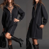 Fashion Half-zipper Stand Collar Long Sleeve Side Pockets Loose Old-washed Denim Dress