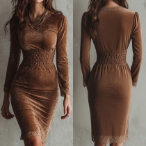 Fashion Solid Color Lace Spliced Crew Neck Long Sleeve Smocked Waist Bodycon Velvet Dress