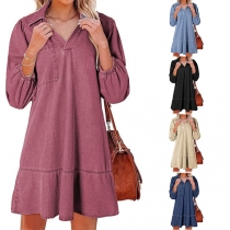 Fashion Stand Collar V-neck Long Sleeve Patch Pockets Old-washed Denim Dress
