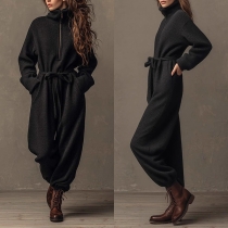 Street Fashion Half-zipper Stand collar Long Sleeve Self-tie Jumpsuit