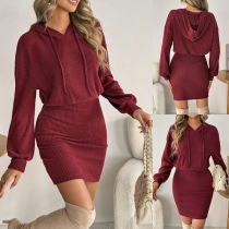 Fashion Solid Color Drawstring Hooded Long Sleeve High-rise Ribbed Dress