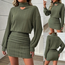 Fashion Solid Color Mock Neck Front Cutout Ribbed Bodycon Dress