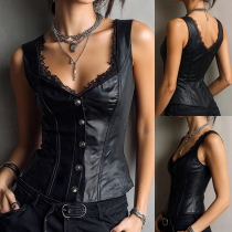 Fashion Lace Spliced V-neck Front Button Sleeveless Artificial Leather PU Vest