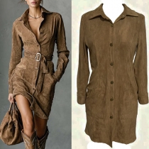 Vintage Stand Collar Front Button Long Sleeve Dress
