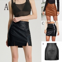 Fashion V-Shape Waistline Artificial Leather PU Skirt