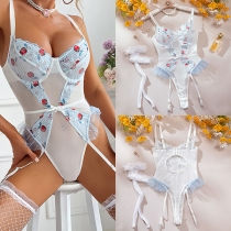 Fashion Floral Embroidery Lace Spliced Ruffle Gauze Lingerie Bodysuit
