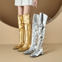 Fashion Bright Color Block Heeled Side Zipper Back Lace-up Boots