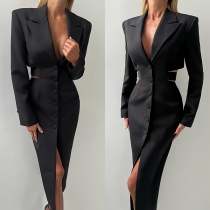 Fashion Notch Lapel Long Sleeve V-neck Front Button Side Cutout Back Bucklet Suit Dress