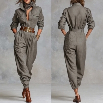 Fashion Stand Collar Front Button Long Sleeve Jumpsuit