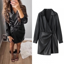 Fashion Solid Color Stand Collar V-neck Long Sleeve Side Ruched Artificial Leather PU Dress