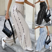 Fashion Side Leopard Printed Stripe Drawstring Waist Wide-leg Pants