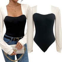 Fashion Contrast Color Sweetheart Neckline Long Sleeve Bodysuit