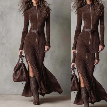 Fashion Half-zipper Mock Neck Long Sleeve Side Split Maxi Dress