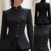 Vintage Stand Collar Long Sleeve Front Button Irregular Jacket