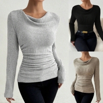 Fashion Draped Neck Long Sleeve Ribbed Shirt