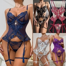 Sexy Floral Embroidery Ruffle Semi-through Lace Three-piece Lingerie Set