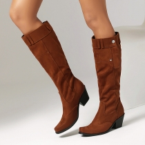 Vintage Block Heeled Side Button Suede Boots