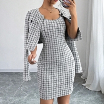 Vintage Plaid Two-piece Set Consist of Crop Jacket and Bodycon Dress