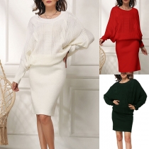 Fashion Crew Neck Batwing Sleeve Cable Pattern Sweater Dress