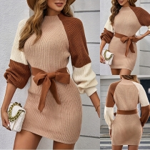 Fashion Contrast Color Crew Neck Long Sleeve Self-tie Sweater Dress