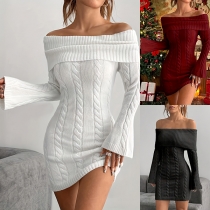 Fashion Off-the-shoulder Long Sleeve Cable Pattern Sweater Dress