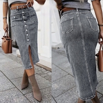 Fashion High-rise Front Button Slit Patch Pockets Old-washed Denim Skirt