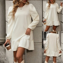 Fashion Crew Neck Long Sleeve Ruffle Hemline Texture Mini Dress