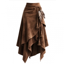 Vintage High-rise Irregular Hemline Suede Skirt with Tassel Belt