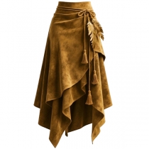 Vintage High-rise Irregular Hemline Suede Skirt with Tassel Belt