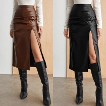 Fashion High-rise Side Slit Ruched Artificial Leather PU Skirt