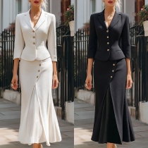 Elegant Two-piece Suit Set Consist of Notch Lapel Blazer and Fishtail Hemline Maxi Skirt