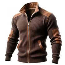 Fashion Stand Collar Long Sleeve Artificial Leather PU Patch Spliced Front Zipper Warm Plush Lined Sweatshirt Jacket for Men