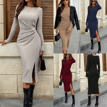 Fashion Crew Neck Long Sleeve Side Knot Ruched Side Slit Ribbed Dress